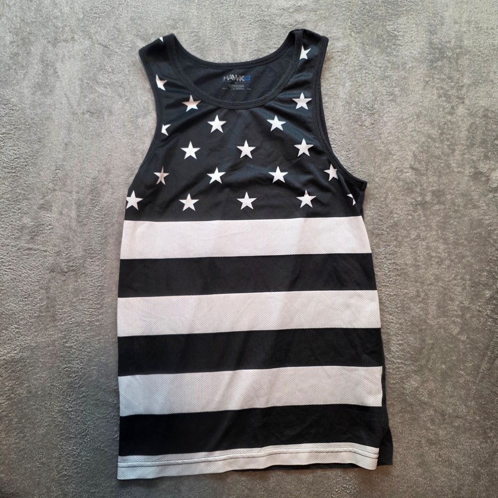 HAWK Shirt Mens S Black Stars Stripes Mesh Jersey Tank Top American Flag Graphic